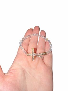 Crystal Beaded Cross Stretch Bracelet - Gold Accent
